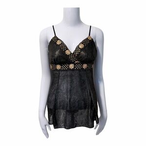 VTG Y2K Sequin Surplice Neck Cami Top Size Large Gold & Black Gauze